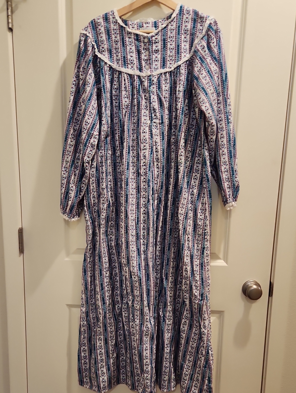 Lanz of Salzburg Blue & White Long Cotton Nightie with Lace Yoke